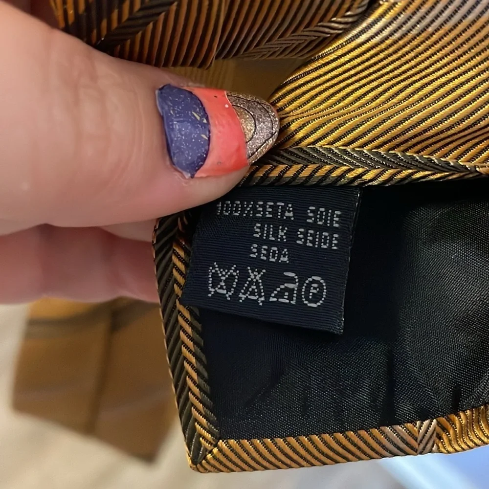Burberry London Gold Yellow Striped and Logo Silk Necktie Tie